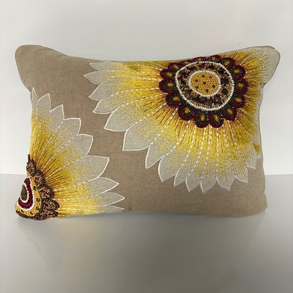 Sunflower Decorative Pillow Beaded Embroidered Beige Zipper Closure 13"x19" Boho - Picture 1 of 8